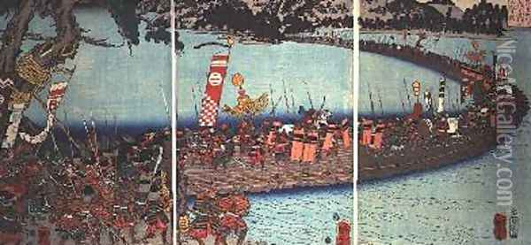 The bridge of boats at the battle of the Nagaragawa Oil Painting - Utagawa Kuniyoshi