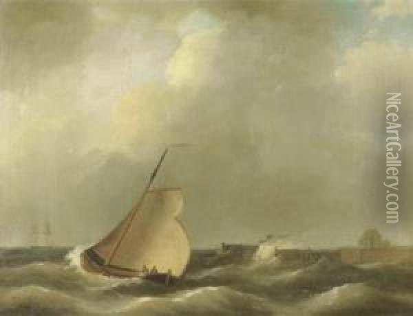 Sailing Vessels On Choppy Water By A Coast Oil Painting - Petrus Jan Schotel