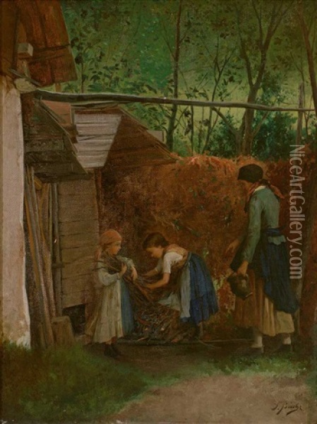 Kinder Stapeln Unter Der Aufsicht Der Mutter Reisig Oil Painting - Josef Bueche