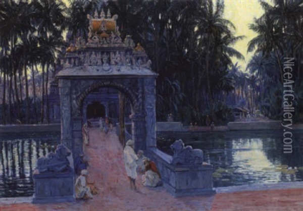 Asiatische Tempelanlage Im Abendlicht Oil Painting - Paul Kutscha