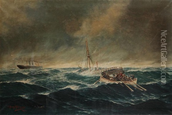 Shipwrecked People From The Two-master Eugene Borda/ Rescued By A Boat From The Antwerp Red Star Line Oil Painting - John Henry Mohrmann
