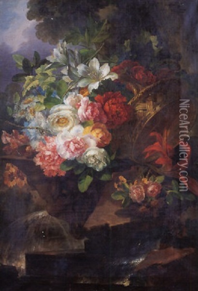 Bodegon De Flores En Una Fuente Oil Painting - Miguel Parra Y Soler