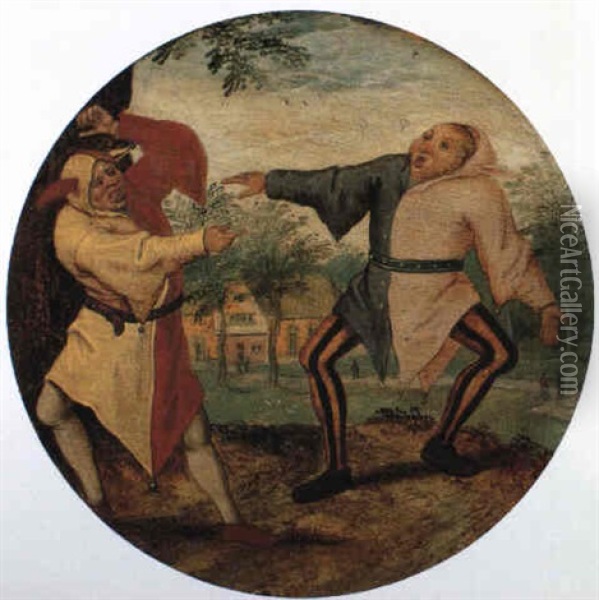 Proverb: Two Jesters Mocking Each Other In A Landscape Oil Painting - Pieter Brueghel the Younger