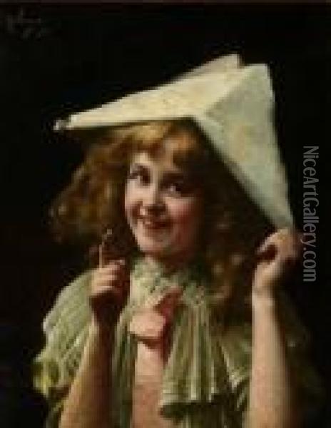 . Portrait Of Young Girl With Hat, Signed U.l. And Dated '94 Oil Painting - Karl Karol Witkowski /