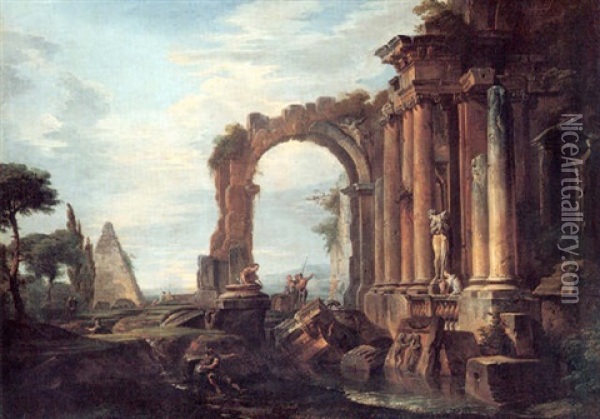 A Capriccio Of Classical Ruins With The Pyramid Of Cestius  And Figures In A Landscape Oil Painting - Giovanni Paolo Panini