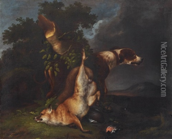 Hunting Still Lifes A Hound With Hunted Rabbit And Birds - Hound With Hunted Fox And Birds (pair) Oil Painting - Wenzel Ignaz Prasch