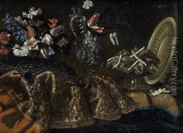 Tulips, Convolvulus, Carnations And Other Flowers In A Basket With A Silver-gilt Ewer And A Dish Of Sweetmeats On A Table-top Draped With Rugs Oil Painting - Giuseppe Recco