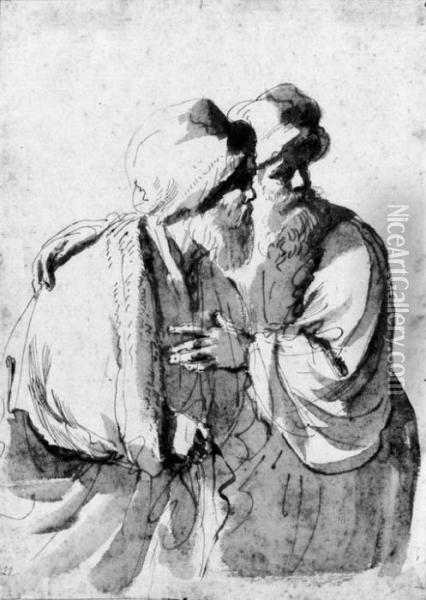 Two Bearded Orientals Looking To The Right: For A Susanna And Theelders Oil Painting - Guercino
