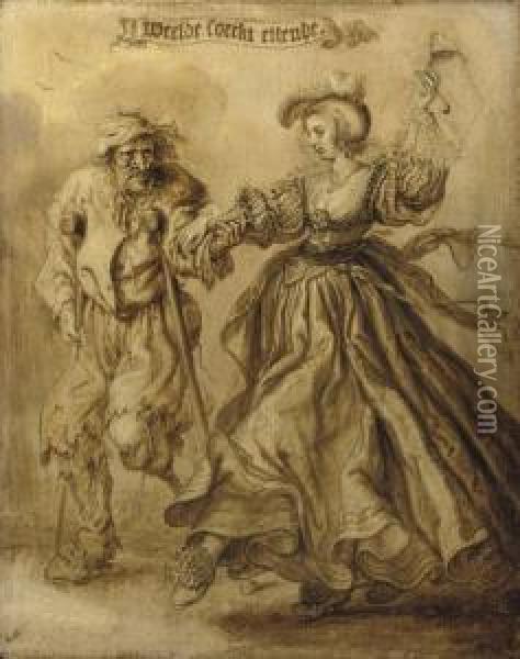 'weelde Soeckt Ellende': An Elegant Lady Accompanied By A Beggar Oil Painting - Adriaen Pietersz. Van De Venne