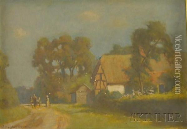 Cottages At Milford On River Oil Painting - William Staples Drown