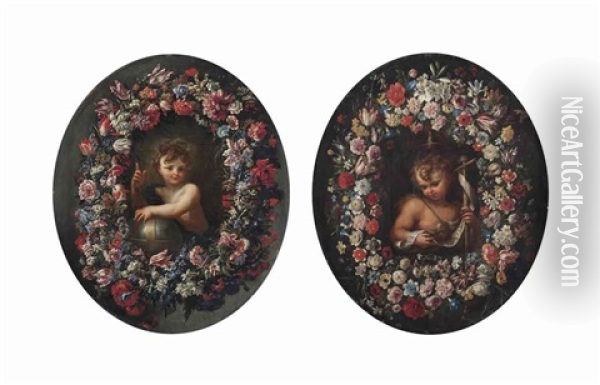 The Christ Child Surrounded By A Garland Of Flowers (+ The Infant Saint John The Baptist Surrounded By A Garland Of Flowers; Pair) Oil Painting - Mario Nuzzi