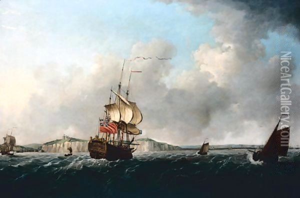 A Flagship Running Through The Straits Past Dover Oil Painting - Francis Swaine