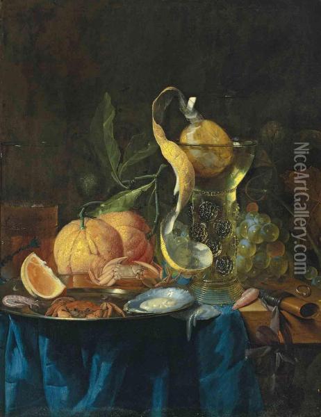 Orange Peel In A Facon-de-venise Wine Glass, Oysters, Crabs Andshrimp On A Silver Platter, And Oranges And Grapes Oil Painting - Pieter de Ring