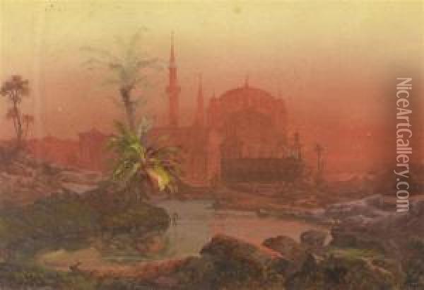 Oriental Landscape At Sunset Oil Painting - Hermann Wilhelm Cellarius