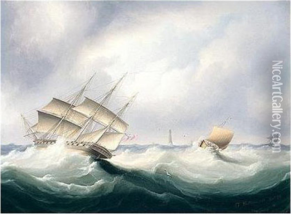 Shipping In A Strong Breeze Off Eddystone Lighthouse Oil Painting - James E. Buttersworth