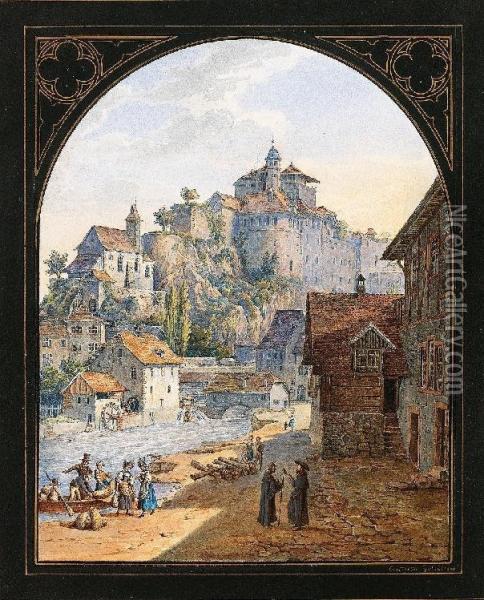 Blick Auf Aarburg Mit Der Festungsanlage Und Feiner Figurenstaffage Oil Painting - Konstantin Guise