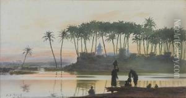 Dusk On The Nile; Dawn On The Nile Oil Painting - Alexandre Nicolaievitch Roussoff