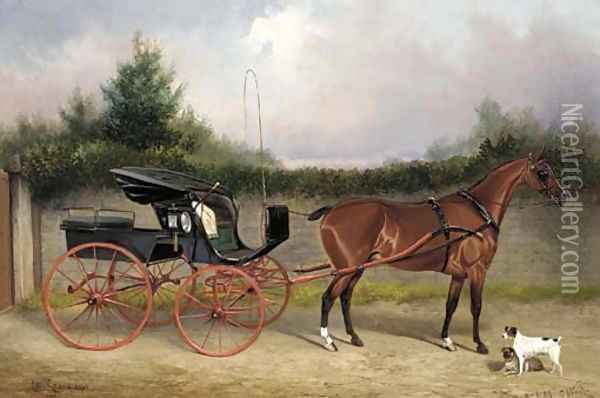 Shin-a-beg a bay horse in a phaeton, with a terrier and a pug in a stable yard Oil Painting - Colin Graeme Roe