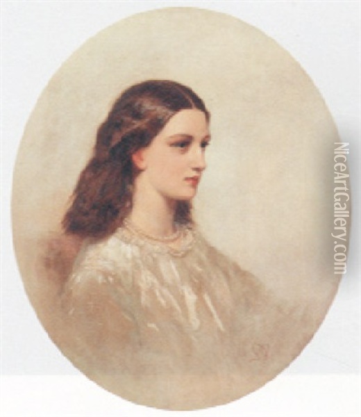 Portrait Of A Lady Wearing A White Dress And Pearl Necklace Oil Painting - George Richmond