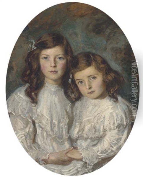 Double Portrait Of Two Sisters In White Dresses Oil Painting - Daniel Albert Wehrschmidt
