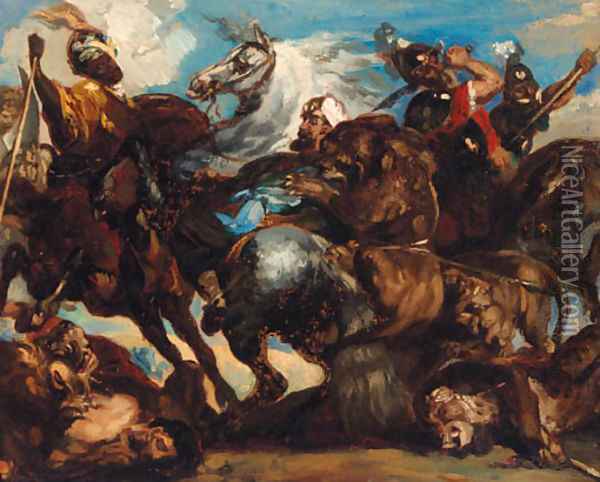The Lion Fight Oil Painting - Eugene Delacroix