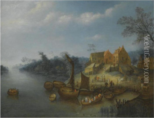 A River Landscape With Figures On A Bank And In Boats Oil Painting - Joseph van Bredael