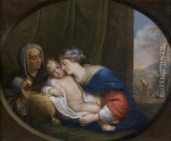 Vierge A L'enfant Avec Sainte Anne Lui Offrant Une Poire, Dans Un Ovale Peint Oil Painting - Jacques De Stella