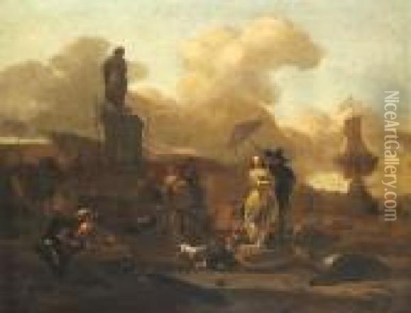 A Harbor Scene With An Elegant Lady On The Shore Oil Painting - Nicolaes Berchem