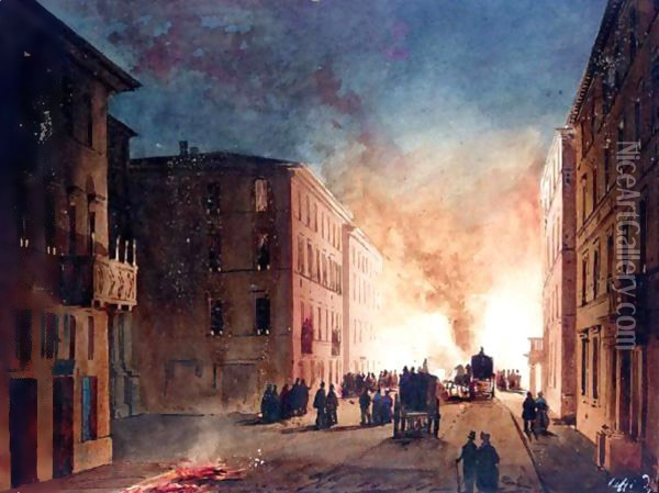 A Fire In A Roman Street Oil Painting - Ippolito Caffi
