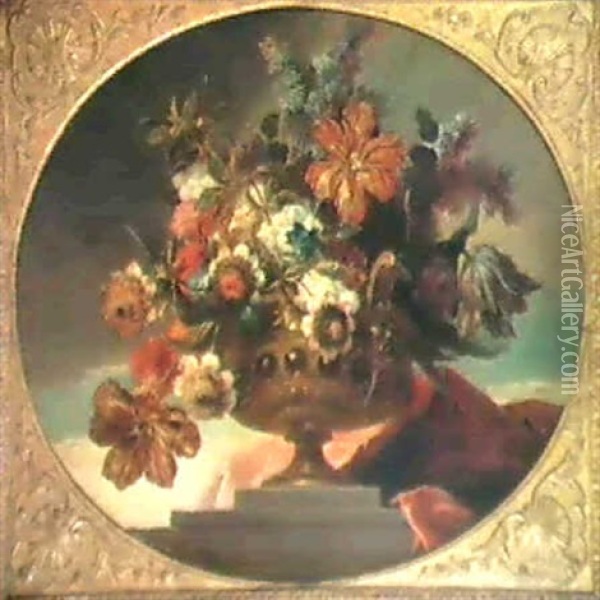 Bouquets De Fleurs Dans Un Vase En Bronze A L'antique Sur   Fond De Ciel Oil Painting - Pierre Nicolas Huilliot