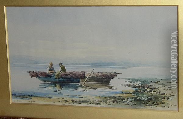 Fishermen In A Boat Mending Nets Oil Painting - Angelos Giallina