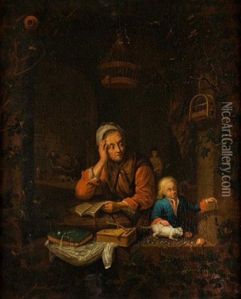 An Old Woman And Boy With Cat In A Window Oil Painting - Gerrit Dou