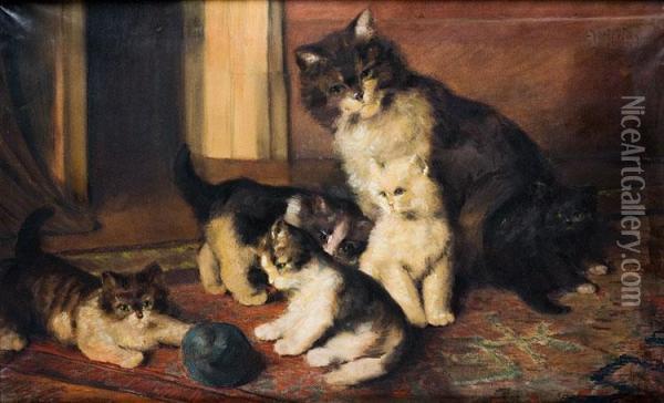 Chatons Jouant Oil Painting - Auguste Joseph Herlin