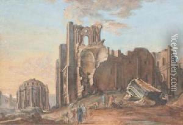Un Paysage Avec Des Ruines, Des Visiteurs Au Premier Plan Oil Painting - Pierre-Antoine Demachy