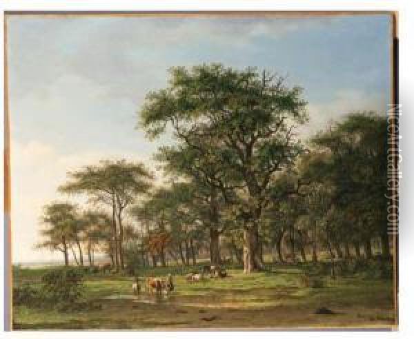 A Wooded Summer Landscape With A Peasant Girl And Cattle Oil Painting - Arnoldus Johannes Eymer