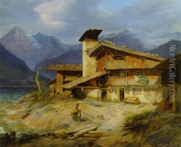 Bauerngehoft Am Ufer Des Gebirgssees Oil Painting - Heinrich Franz Gaudenz von Rustige