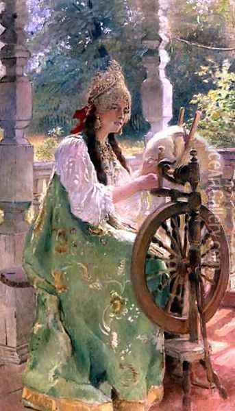At the Spinning-Wheel Oil Painting - Konstantin Egorovich Egorovich Makovsky