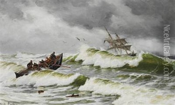 The Lifeboat Is On Its Way Out Into The Rough See To Rescue A Beached Ship Oil Painting - Carl Ludvig Thilson Locher