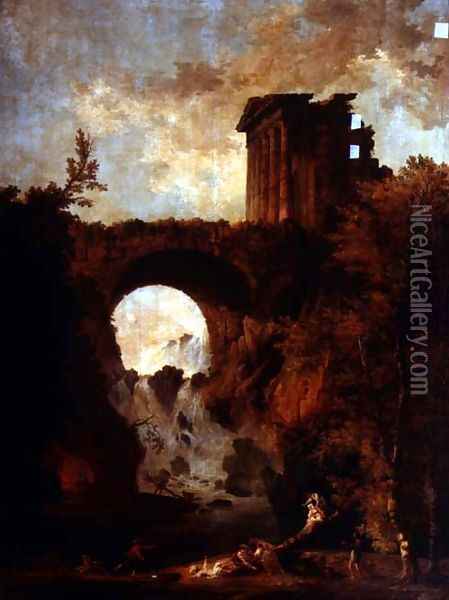 A Capriccio of a ruined temple by a bridge over a cascade with a see-saw party Oil Painting - Hubert Robert