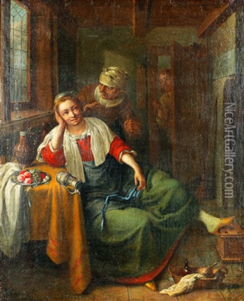 Interior Med Kvinna Och Tjanstefolk Oil Painting - Heyman Dullaert