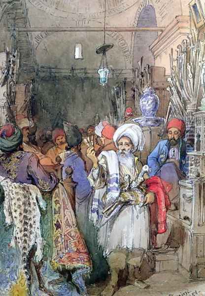 Vendors in the Covered Bazaar, Istanbul, 1851 Oil Painting - Amadeo Preziosi