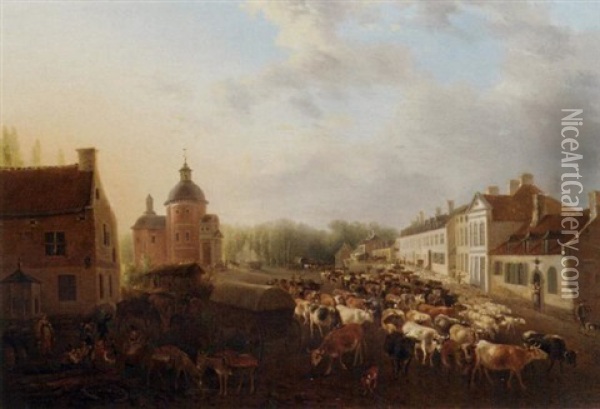 Village Landscape With Herdsmen Driving Cattle And Sheep To Market At Dawn Oil Painting - Jean-Baptiste De Roy