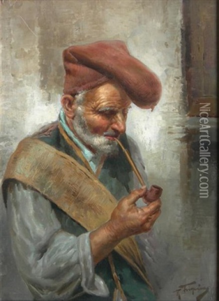 Old Man With A Pipe (+ Untitled; Pair) Oil Painting - Raffaele Frigerio