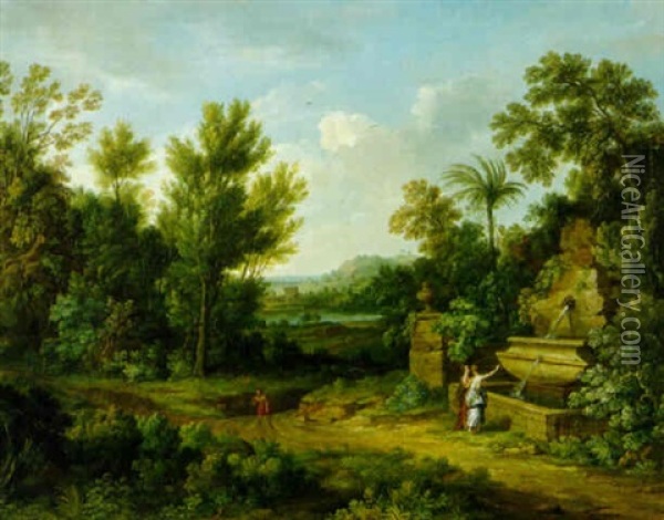 An Arcadian Landscape With Figures By A Fountain Oil Painting - Jan Van Huysum