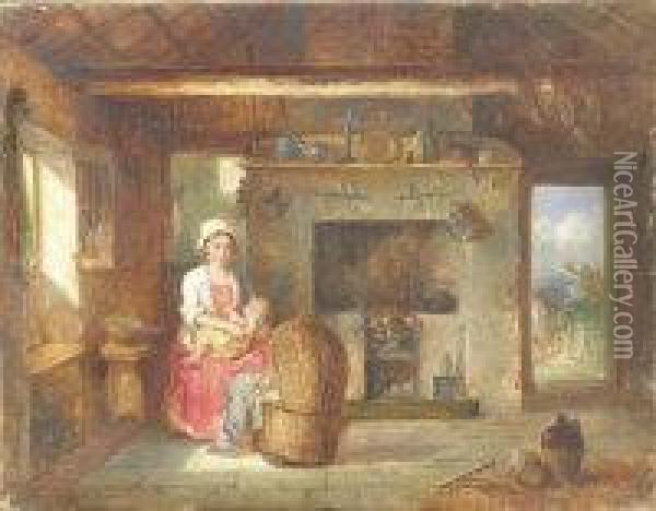 Mother And Child In A Cottage Interior Oil Painting - Thomas, Tom Lawrance