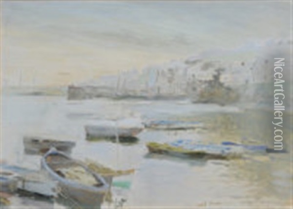 Old Newlyn Harbour Oil Painting - Harold Harvey