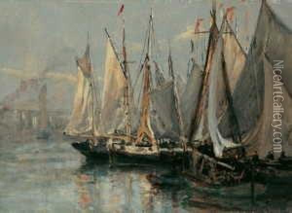 Fischerboote In Einem Ostseehafen. Oil Painting - Friedrich Ernst Morgenstern