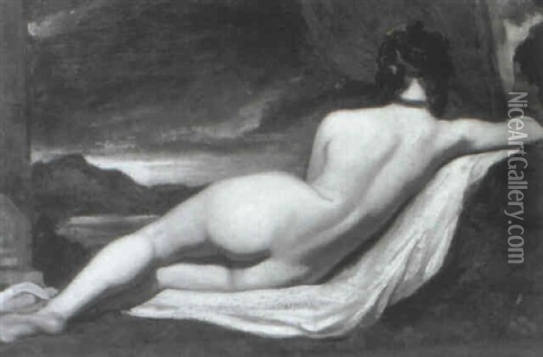 A Reclining Female Nude On A Red Draped Lied With A         Landscape Beyond Oil Painting - William Etty
