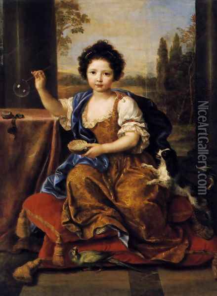 Girl Blowing Soap Bubbles Oil Painting - Pierre Mignard