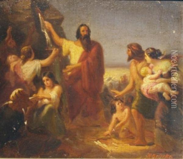 Moses Striking The Rock Oil Painting - Hermann Brucke